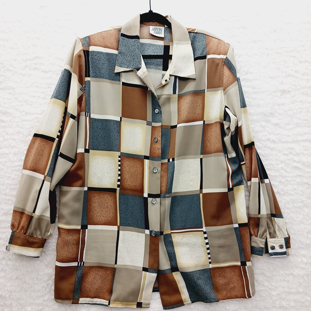 Blouse Button-Up Brown Teal Beige Patchwork Retrocore Artsy Bold Business Sz 14